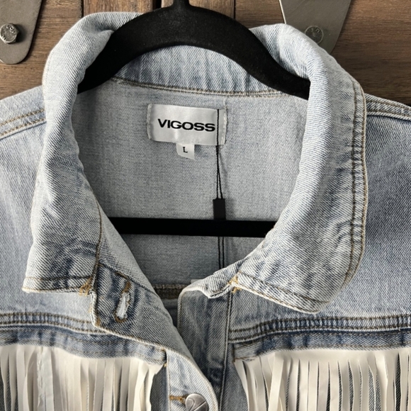 NWT VIGOSS Denim Faux Leather Fringe Jacket Size Large - Picture 2 of 8